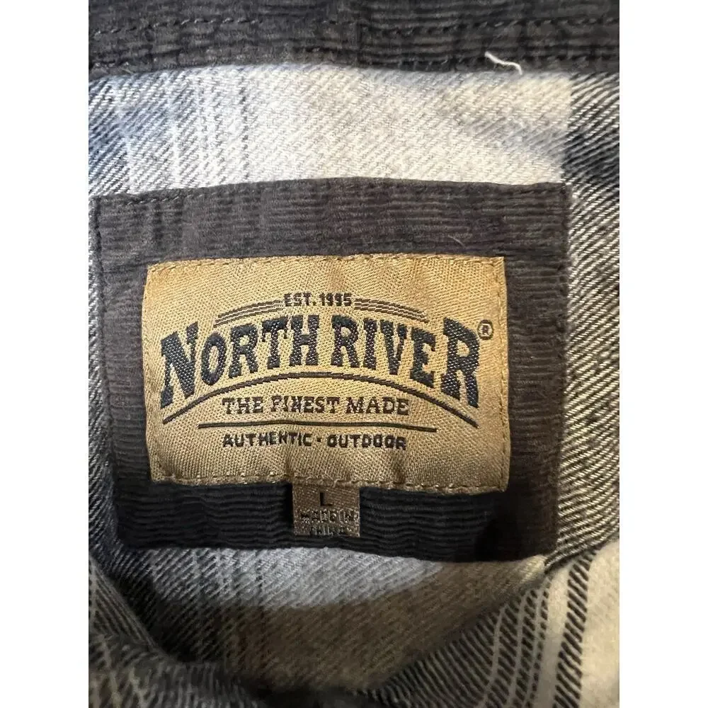 North River Mens L Flannel Long Sleeve Button Down Shirt Grey White Striped - Picture 3 of 5